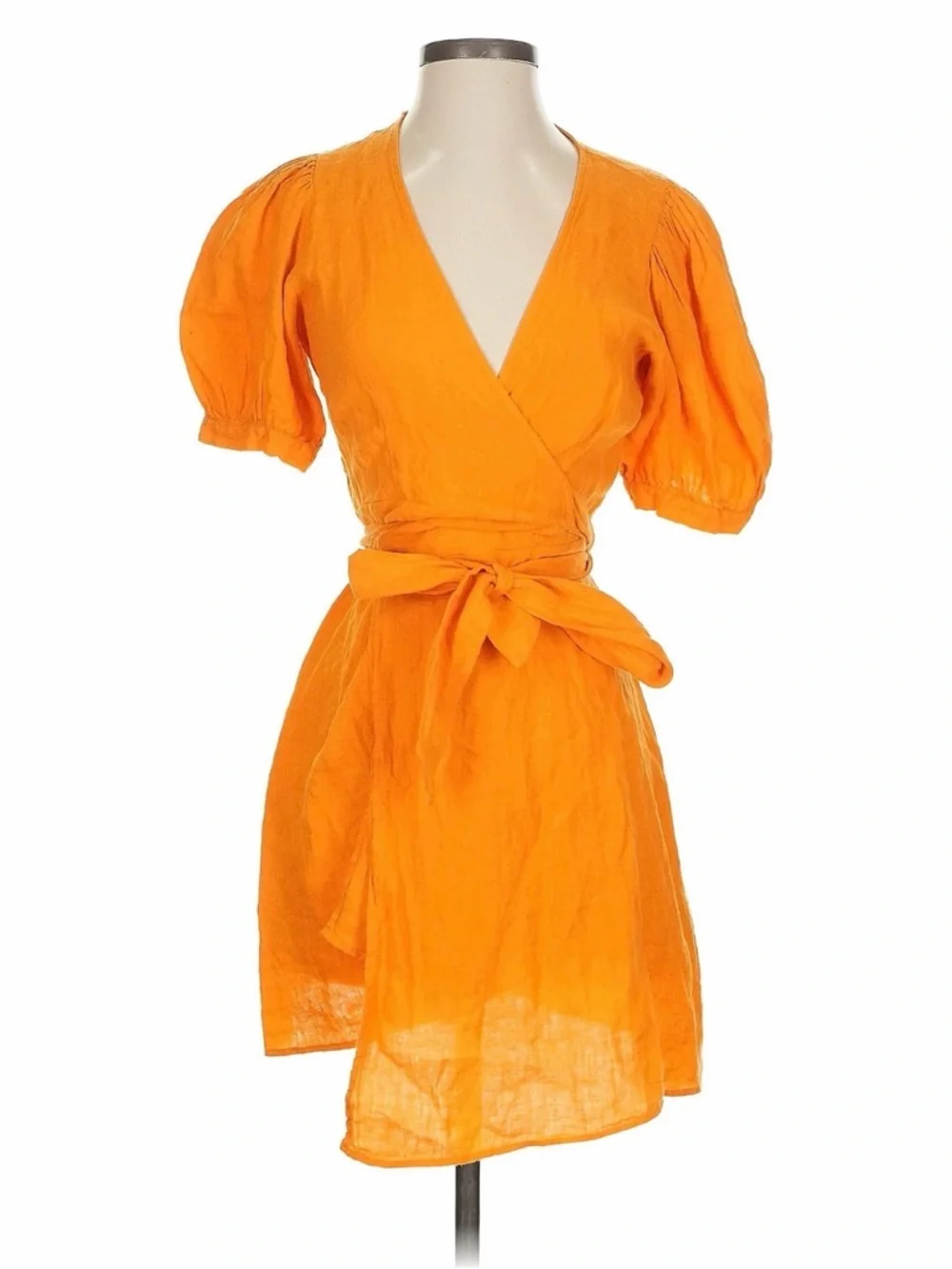 Zara Women’s Linen Orange Wrap Mini Dress with Puff Sleeves - Picture 4 of 9